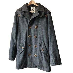 Vintage Recycled Women L Wool Blend Peacoat With Wood Buttons & Satin Lining